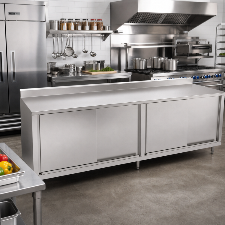 Product image #2 for John Boos 132-Inch x 30-Inch Cabinet Base Work Table with Sliding Doors, 5-Inch Backsplash, and Stainless Steel Top