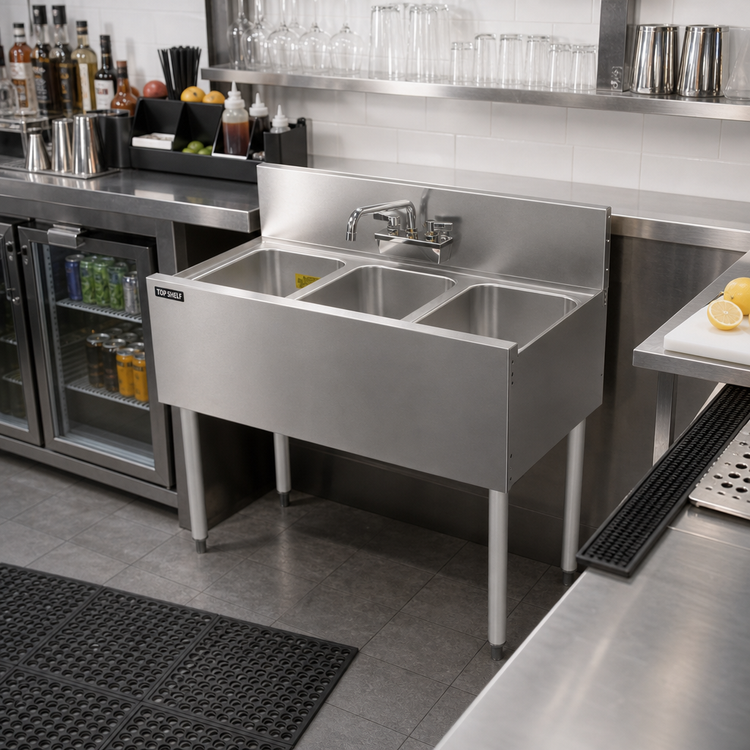 Product image #3 for Top Shelf TS Series 36-Inch 3-Compartment Underbar Multi-Tank Sink Unit, 18-Gauge Stainless Steel