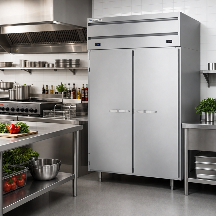 Product image #2 for Beverage-Air P-Series Dual-Temperature Two-Section Top-Mounted Reach-In Refrigerator/Freezer with Solid Doors