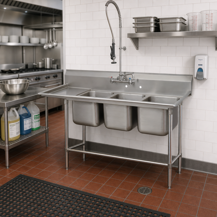 Product image #2 for Advance Tabco Regaline 3-Compartment Sink with Left-Hand Drainboard, 14-Gauge 304 Stainless Steel