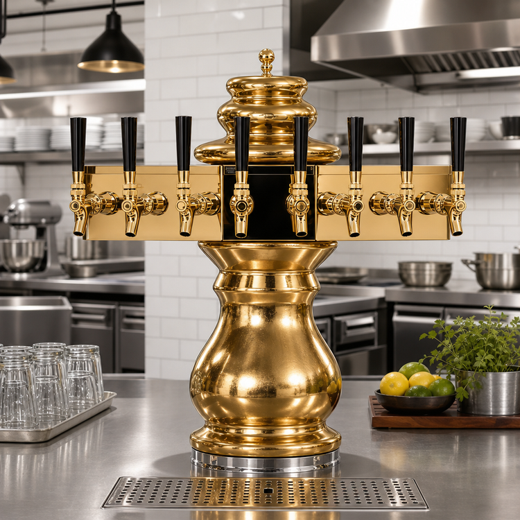 Product image #2 for Glastender Braumeister 8-Faucet Glycol-Cooled Draft Dispensing Tower with Ceramic Construction and Polished Brass Finish