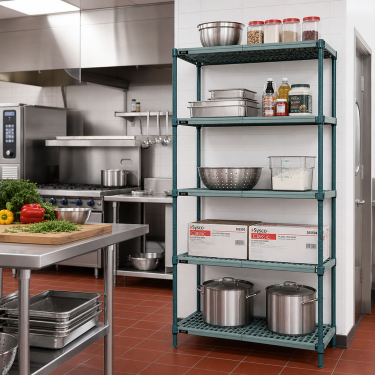 Product image #2 for Quantum Stationary 5-Tier Wire Plastic Mat Shelving Unit, 60W x 18D x 74H, Green Epoxy Antimicrobial