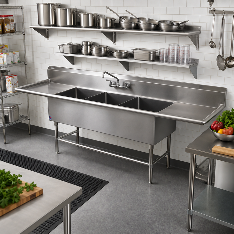 Product image #2 for John Boos Pro-Bowl 3-Compartment Floor Model Stainless Steel Sink with Dual Drainboards
