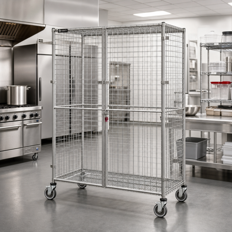Product image #2 for Mobile Open-Wire Stainless Steel Security Cage with 2 Doors and Padlock Hasps, 51-1/4W x 33-1/4D x 69H