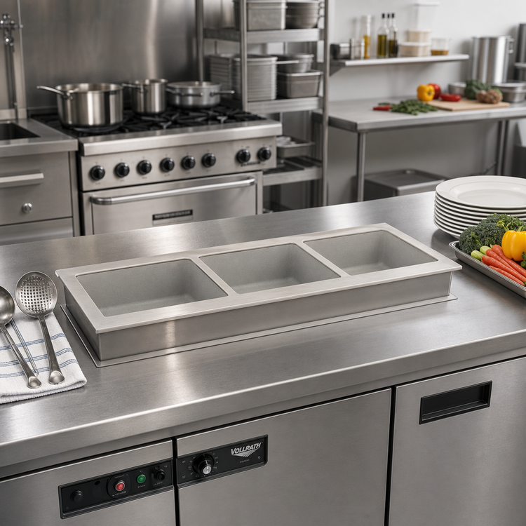 Product image #2 for Vollrath 3-Pan Short-Side Drop-In Hot Well with Thermostatic Controls and Standard Drain, 120V