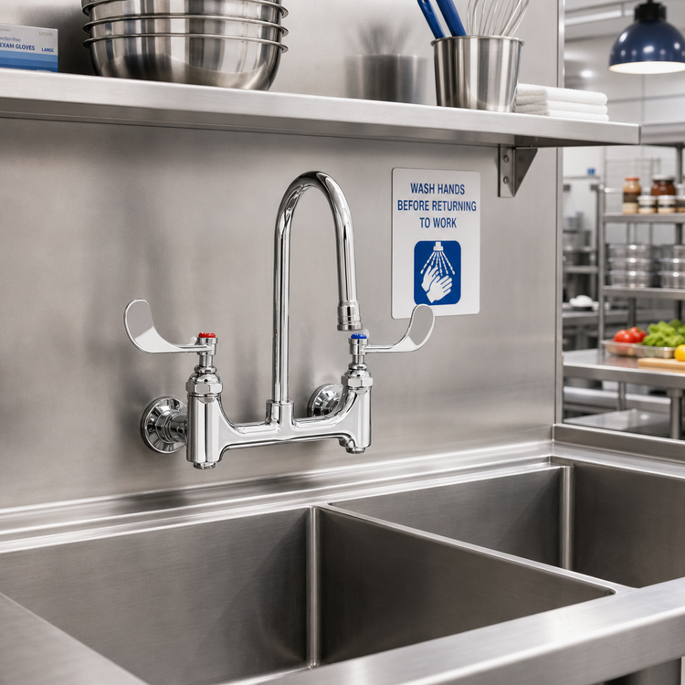 Product image #2 for Wall-Mount Medical Mixing Faucet with 5 1/2-Inch Rigid Gooseneck and Rosespray Outlet, 8-Inch Centers