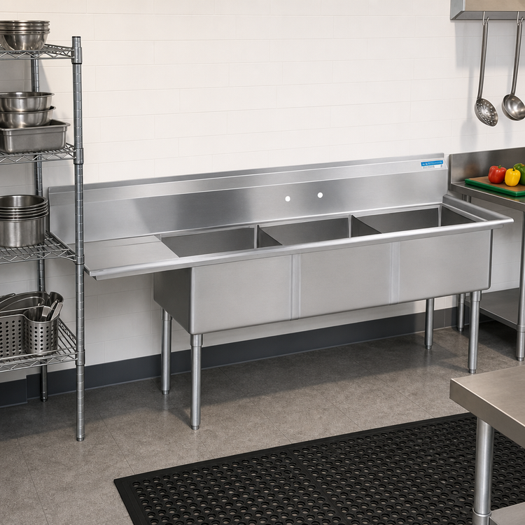 Product image #2 for BK Resources 3-Compartment Stainless Steel Sink with Left Drainboard and 15 x 15 x 14-Inch Bowls
