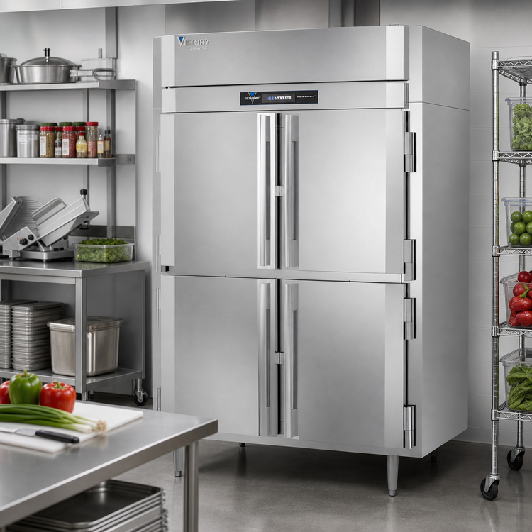 Product image #2 for Victory UltraSpec Extra Wide Two-Section Self-Contained Reach-In Freezer with Four Solid Half-Height Hinged Doors