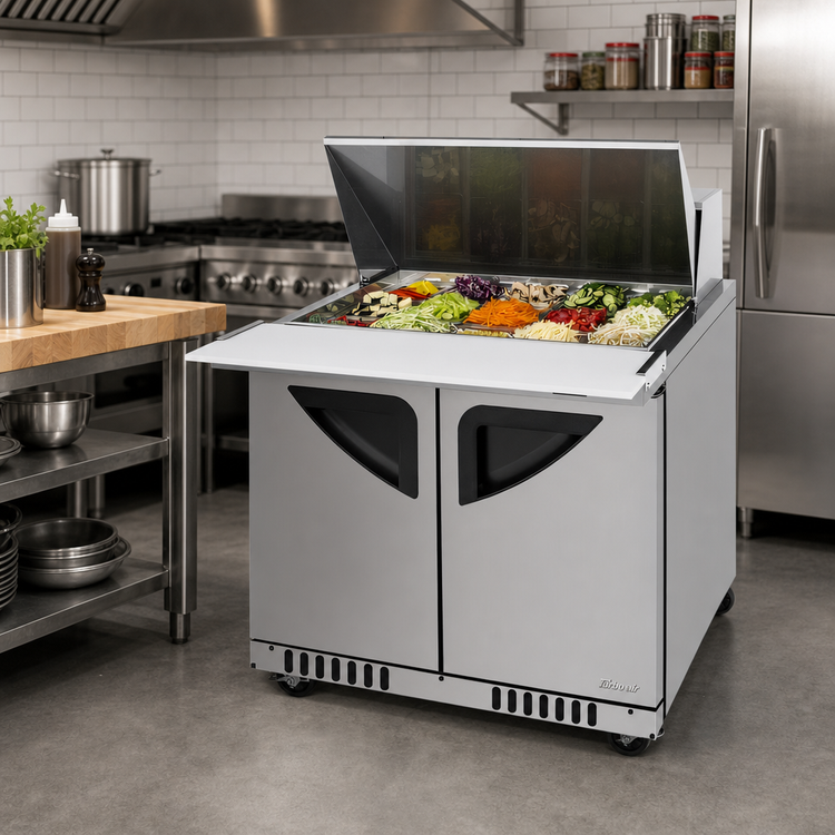 Product image #2 for Turbo Air Super Deluxe 36-1/4 Inch Two-Section Sandwich/Salad Mega Top Prep Table, 15-Pan, 8.8 Cu. Ft.