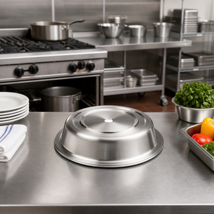 Product image #2 for American Metalcraft Round Stainless Steel Plate Cover with Finger Hole, 9-5/8" to 9-7/8" Diameter, 2" High