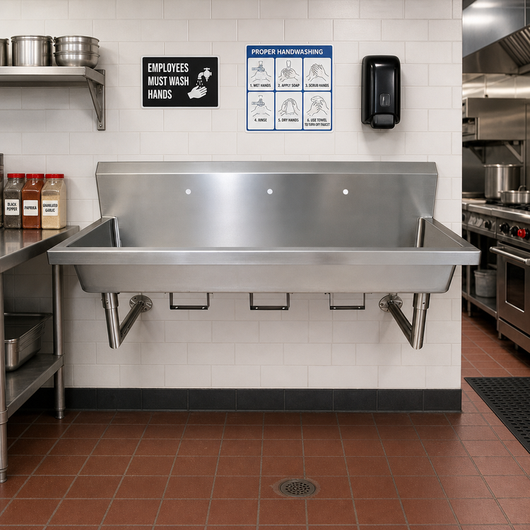 Product image #2 for BK Resources 72-Inch Three-Station Wall-Mounted 304 Stainless Steel Hand Wash Sink with Knee Valve Bracket