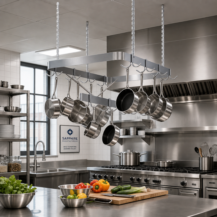 Product image #2 for Sapphire Manufacturing Ceiling-Mounted Triple-Bar Stainless Steel Pot Rack with 12 Double Hooks, 36 x 22 Inches