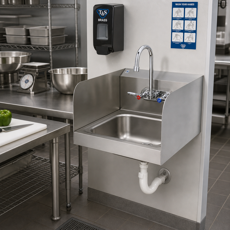 Product image #2 for T&S Brass Wall-Mounted Stainless Steel Hand Sink with Side Splash Shields and 4-Inch Mixing Faucet