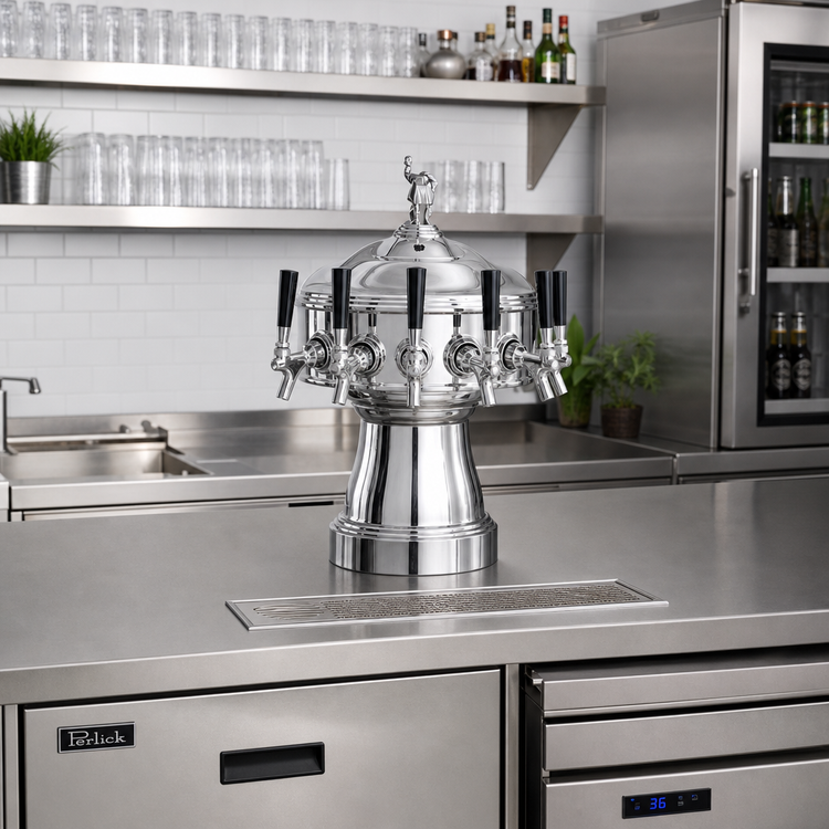 Product image #2 for Perlick Gambrinus Dual-Sided Countertop Glycol-Cooled Draft Beer Tower, 3 Faucets Per Side, Polished Chrome
