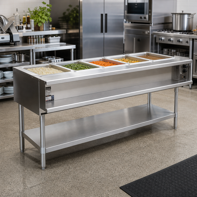 Product image #2 for Eagle Group 5-Opening Water Bath Hot Food Table, Natural Gas, Open Base, 79-Inch Wide