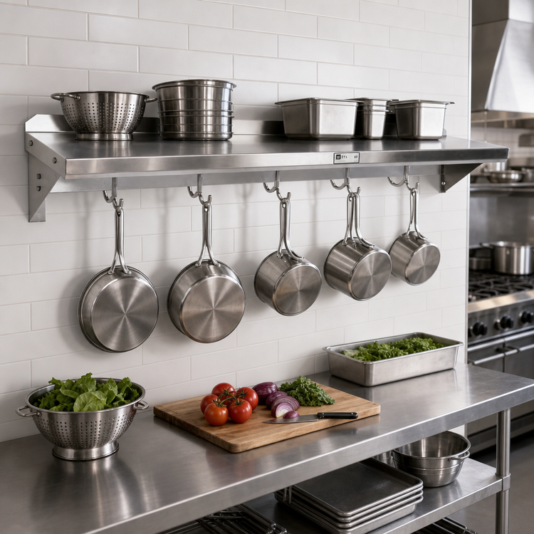 Product image #2 for John Boos Stallion Wall-Mounted Pot Rack Shelf, 120 x 18 x 13 In., Stainless Steel, 10 Hooks