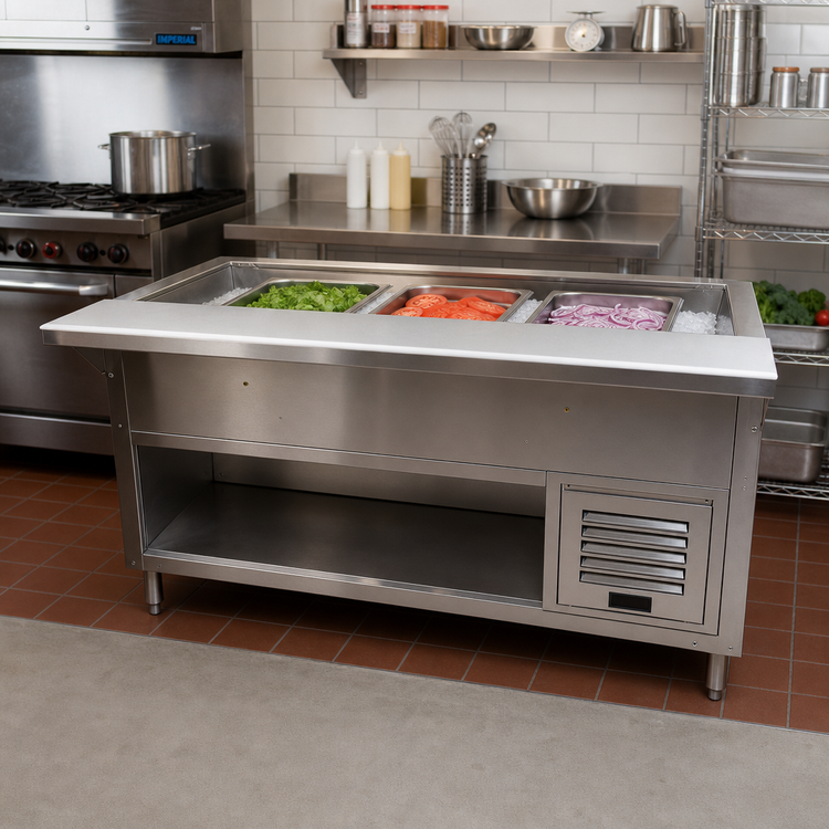 Product image #2 for Advance Tabco MACP-3-BS Fully Insulated Refrigerated Cold Pan Table with Enclosed Base, 3-Pan, 47-1/8 Inch Wide, R290