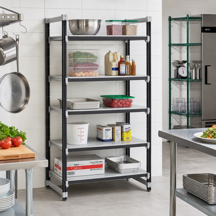 Product image #2 for Cambro Camshelving Elements XTRA 5-Tier Solid Stationary Polymer Shelving Starter Unit, 24" Deep x 30" Wide x 84" High, Speckled Gray