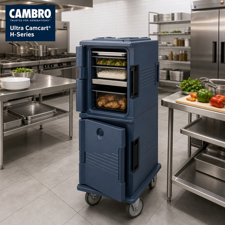 Product image #3 for Cambro Ultra Camcart® H-Series Front-Loading Heated Food Pan Carrier, Heated Top Door Only, 2-Compartment, 110V, Slate Blue