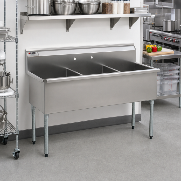 Product image #2 for Eagle Group Three-Compartment Utility Sink, 55-3/8 Inch Wide, 16-Gauge 430 Stainless Steel, No Drainboards, Galvanized Legs