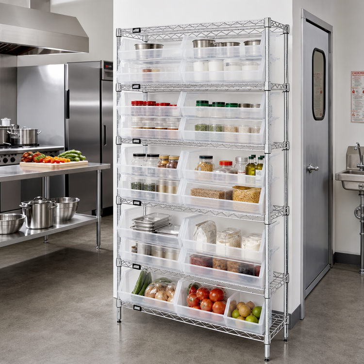 Product image #2 for Quantum Chrome Plated Stationary Wire Shelving Unit with 6 Shelves and 10 Clear Bins