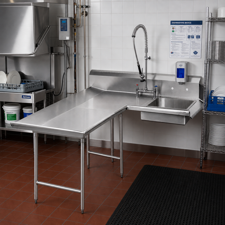 Product image #2 for Advance Tabco L-Shaped Left-Hand Dishlanding Soil Dishtable with Pre-Rinse Sink, 83-Inch, 14/304 Stainless Steel