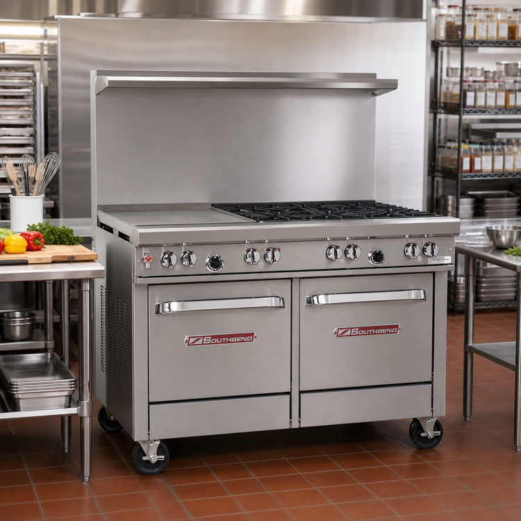Product image #2 for Southbend Ultimate 48-Inch Gas Restaurant Range with 2 Star/Sauté Burners, 36-Inch Thermostatic Griddle, Convection Oven, and Cabinet Base