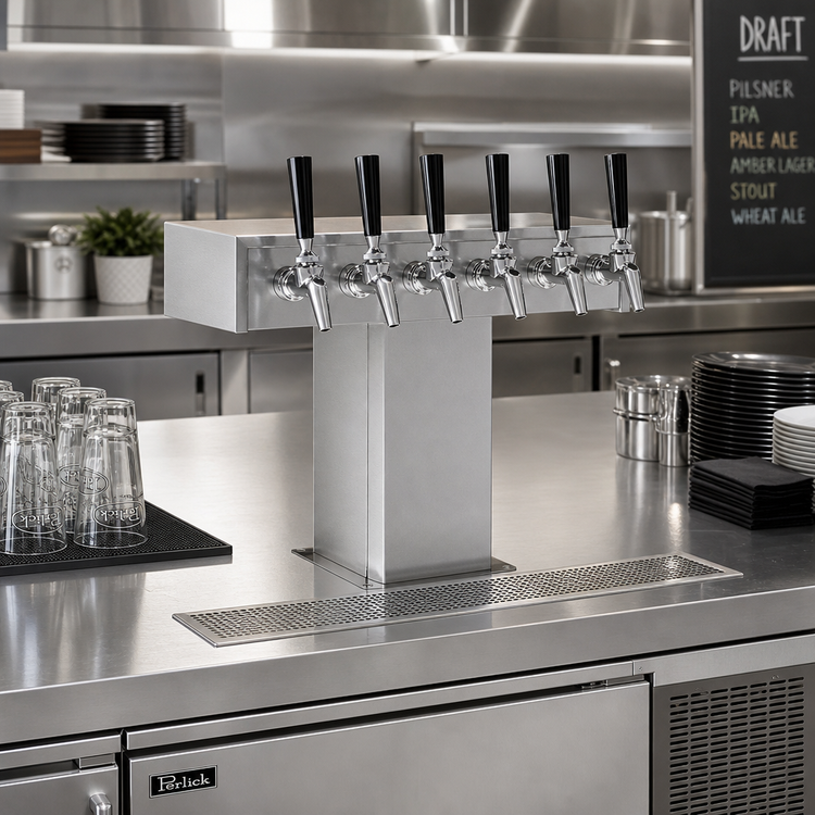 Product image #2 for Perlick Extra High Countertop Glycol-Cooled Tee Draft Beer Tower, 6 Faucets, Stainless Steel