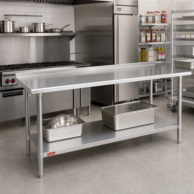 Product image #2 for Duke 120 Inch x 30 Inch Stainless Steel Work Table with 1-1/8 Inch Straight Riser and Undershelf