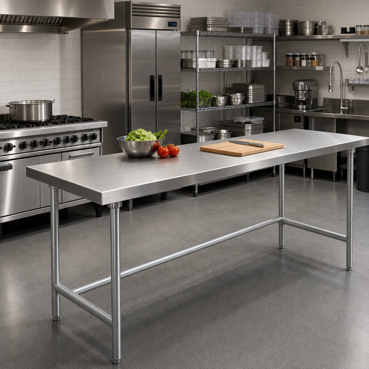 Product image #2 for Advance Tabco 108-Inch x 30-Inch 14-Gauge 304 Stainless Steel Flat Top Work Table with Galvanized Open Base