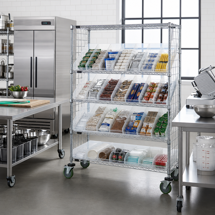 Product image #2 for Quantum Chrome-Plated Slanted Shelf Enclosure Cart with Clear Bins, 36 x 24 x 69 Inches