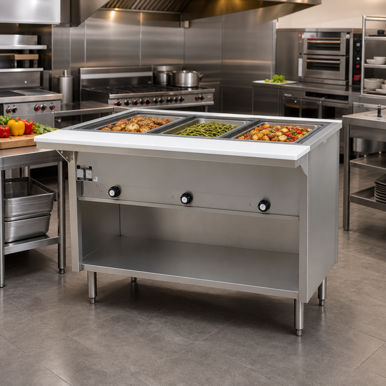 Product image #2 for Spec-Master 48-Inch Liquid Propane Floor Model Hot Food Table with 3 Dry Wells, Cutting Board, and Enclosed Base