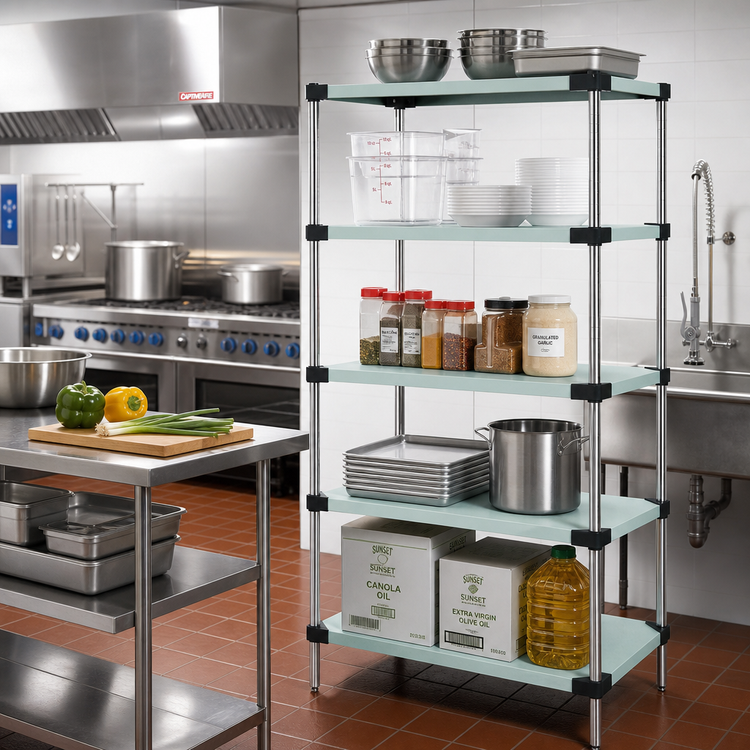 Product image #2 for Quantum Stationary Solid Shelving Starter Kit, 24W x 21D x 74H, 5 Solid Shelves, 304 Stainless Steel
