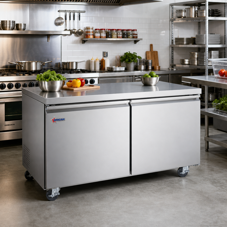Product image #2 for Omcan 60-Inch Two-Section Undercounter Refrigerator, 15 Cu. Ft., Stainless Steel