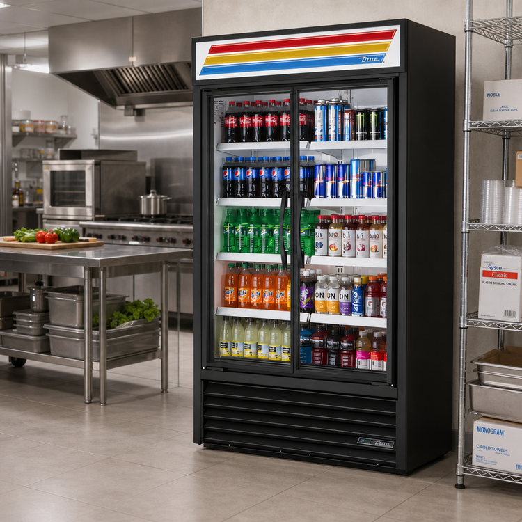 Product image #2 for True Slim Line Two-Section Glass Door Refrigerated Merchandiser, 47 1/8-Inch Wide, Black, Bottom Mounted
