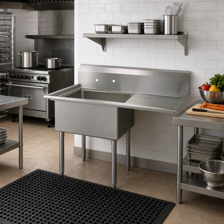 Product image #2 for BK Resources 1-Compartment 18-Gauge 304 Stainless Steel Sink with Right Drainboard, 9-Inch Backsplash, and Legs
