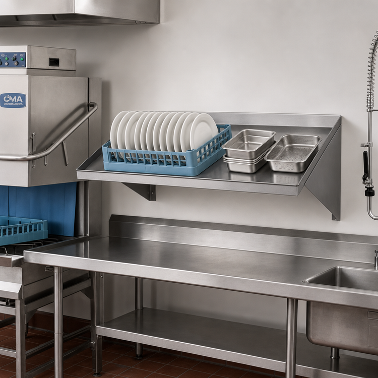 Product image #2 for CMA Dishmachines 42-Inch Wall-Mounted Solid Stainless Steel Slanted Rack Shelf