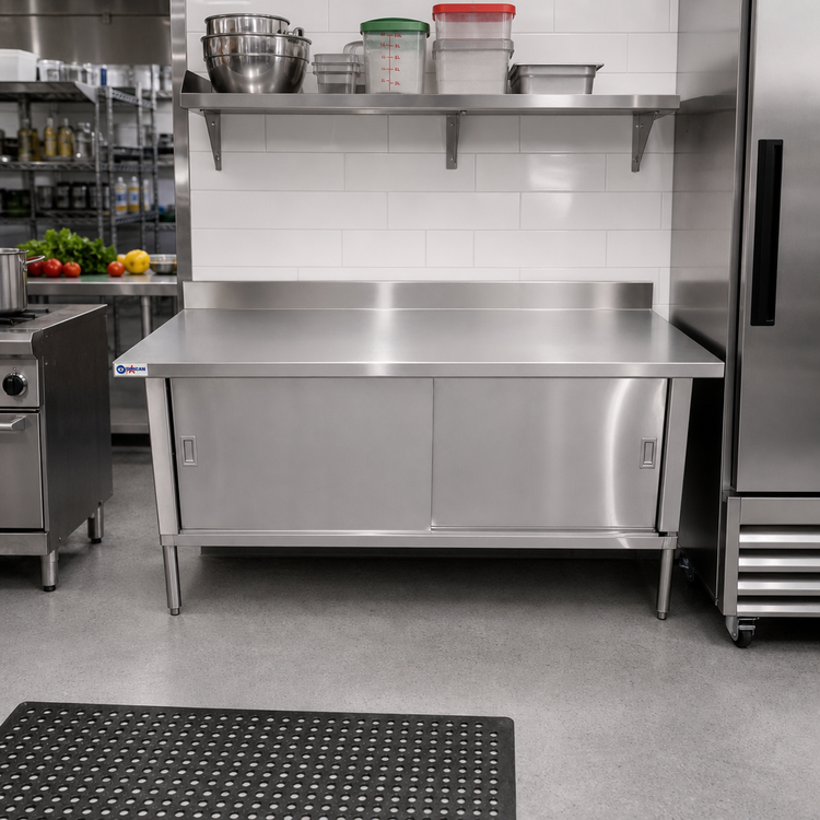 Product image #2 for Omcan USA 48-Inch x 30-Inch Stainless Steel Enclosed Work Table with Cabinet Base, Sliding Doors, and 4-Inch Backsplash