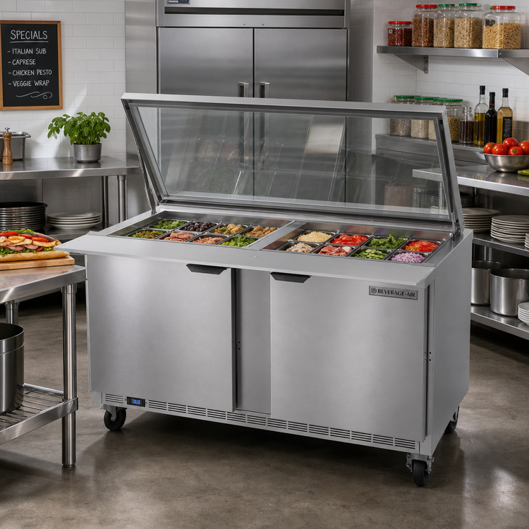 Product image #3 for Beverage-Air SPE60HC-24M-STL Mega Top Sandwich Prep Table with See-Thru Lid, 60-Inch, 2-Section, 24-Pan Capacity