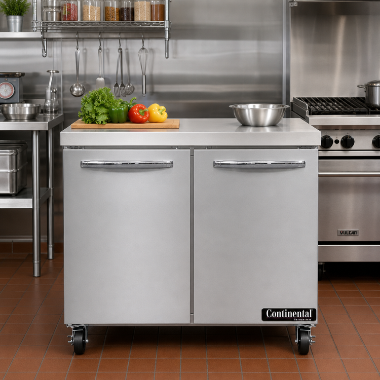 Product image #2 for Continental Refrigerator 36-Inch Two-Section Worktop Freezer with Stainless Steel Flat Top and Rear-Mounted Self-Contained Refrigeration
