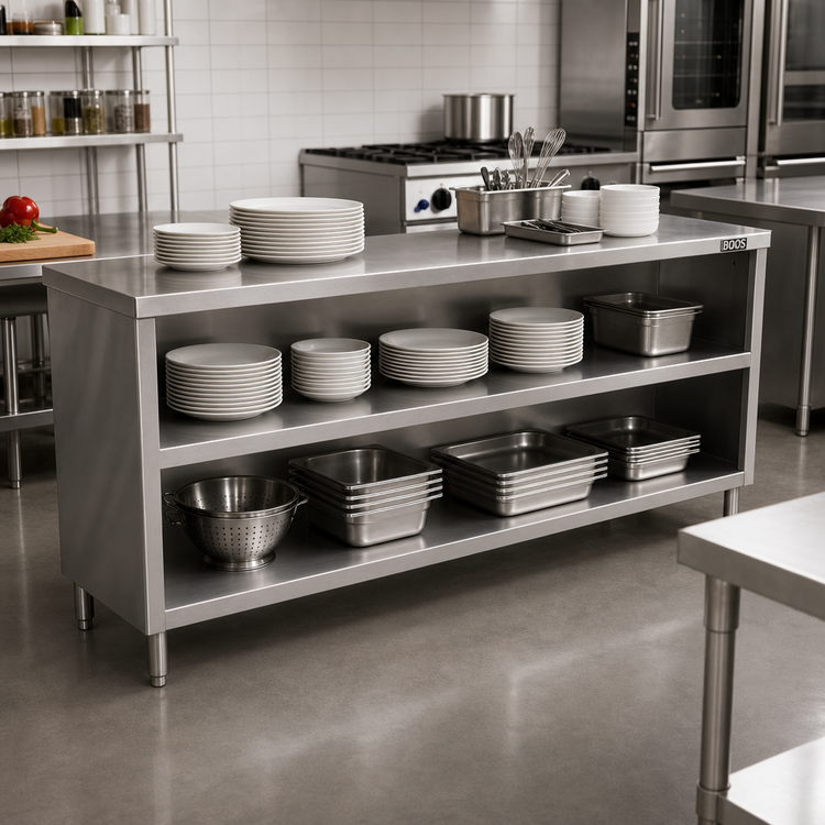 Product image #2 for John Boos 96-Inch Wide Open Front Stainless Steel Dish Storage Cabinet with Open Base and Mid Shelf