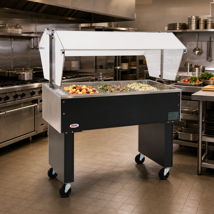 Product image #2 for Eagle Deluxe Service Mate 48-Inch Portable 3-Pan Ice-Cooled Buffet Cold Pan Unit with Sneeze Guard
