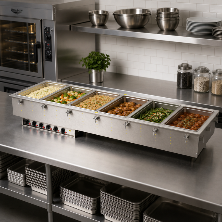 Product image #2 for Vollrath 6-Well Drop-In Electric Hot Food Well Unit, Wet Operation, Individual Thermostatic Controls, 316 Marine Grade Stainless Steel Wells