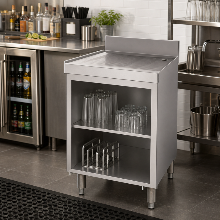 Product image #2 for Advance Tabco Underbar Basics 30-Inch Stainless Steel Freestanding Drainboard with Open Cabinet Base and Mid-Shelf