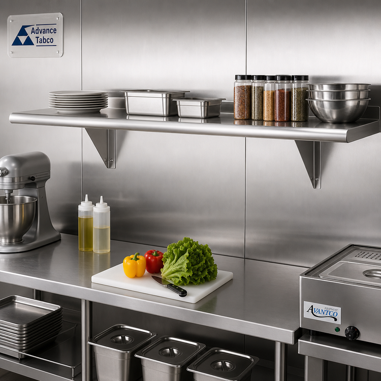 Product image #2 for Advance Tabco 96"W x 15"D Wall-Mounted 304 Stainless Steel Wall Shelf with Bullnose Edge
