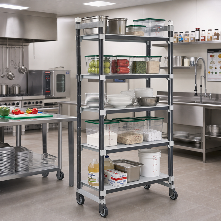Product image #2 for Cambro Camshelving Elements XTRA High Density Top Rail Mobile Starter Unit, 18 x 48 x 80 Inches, 5-Tier Overhead Track Shelving