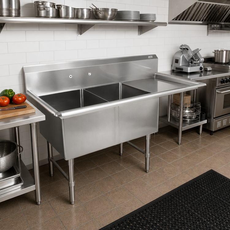 Product image #2 for John Boos B Series 2-Compartment Sink with Right Drainboard, 58-3/16" x 29-1/2", 16-Gauge Stainless Steel