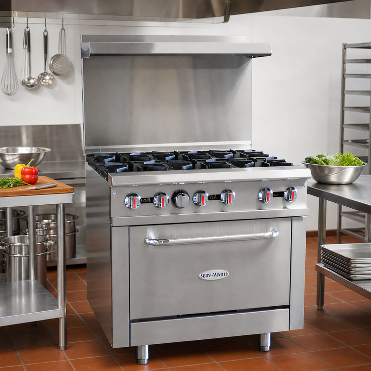 Product image #2 for Serv-Ware 36-Inch Natural Gas Commercial Gas Range with Six Open Burners and Standard Oven