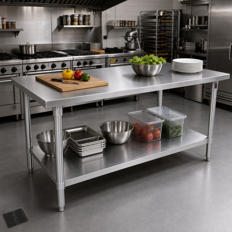 Product image #2 for John Boos Stallion 120"W x 36"D 14-Gauge 300-Series Stainless Steel Flat Top Work Table with Galvanized Base and Undershelf