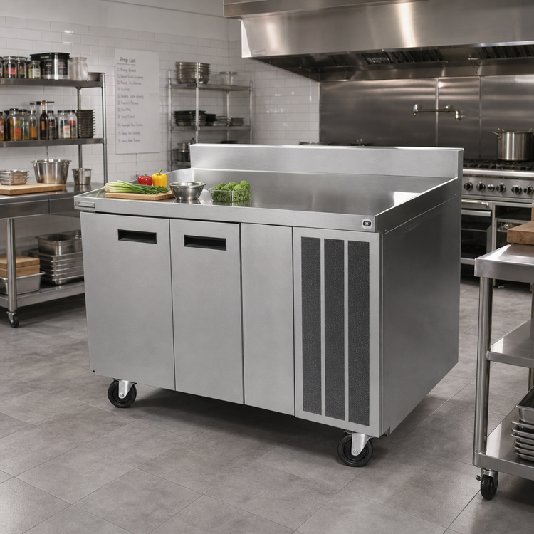 Product image #2 for Delfield 99-Inch Three-Section Worktop Refrigerator with 4-Inch Backsplash, 3 Doors, and Side-Mounted R290 Refrigeration